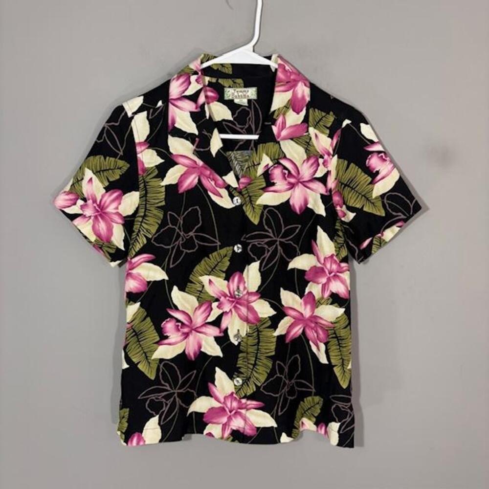 Tommy Bahama Shirt Womens XS Black Floral Silk Linen Hawaiian Short Sleeve Top
